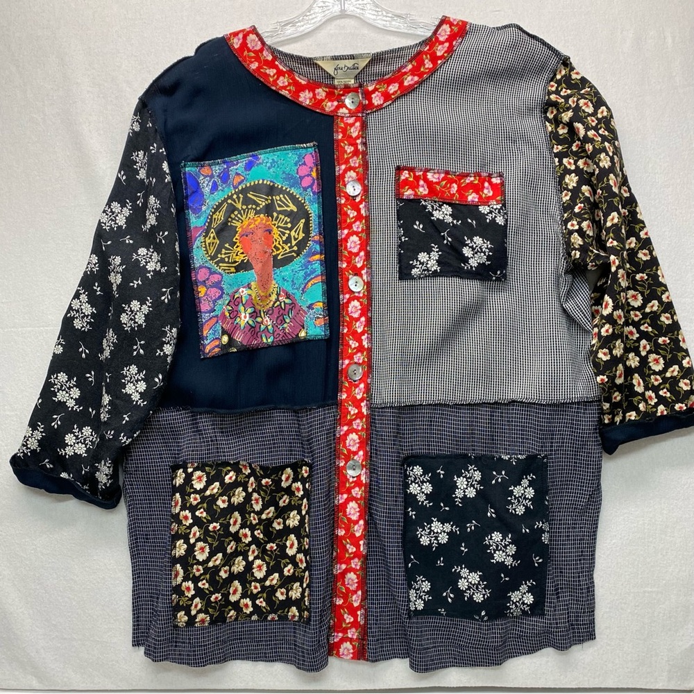 Fern Bratten Patchwork Button Front Tunic Top Womens 18 Festival Bohemian Hippie